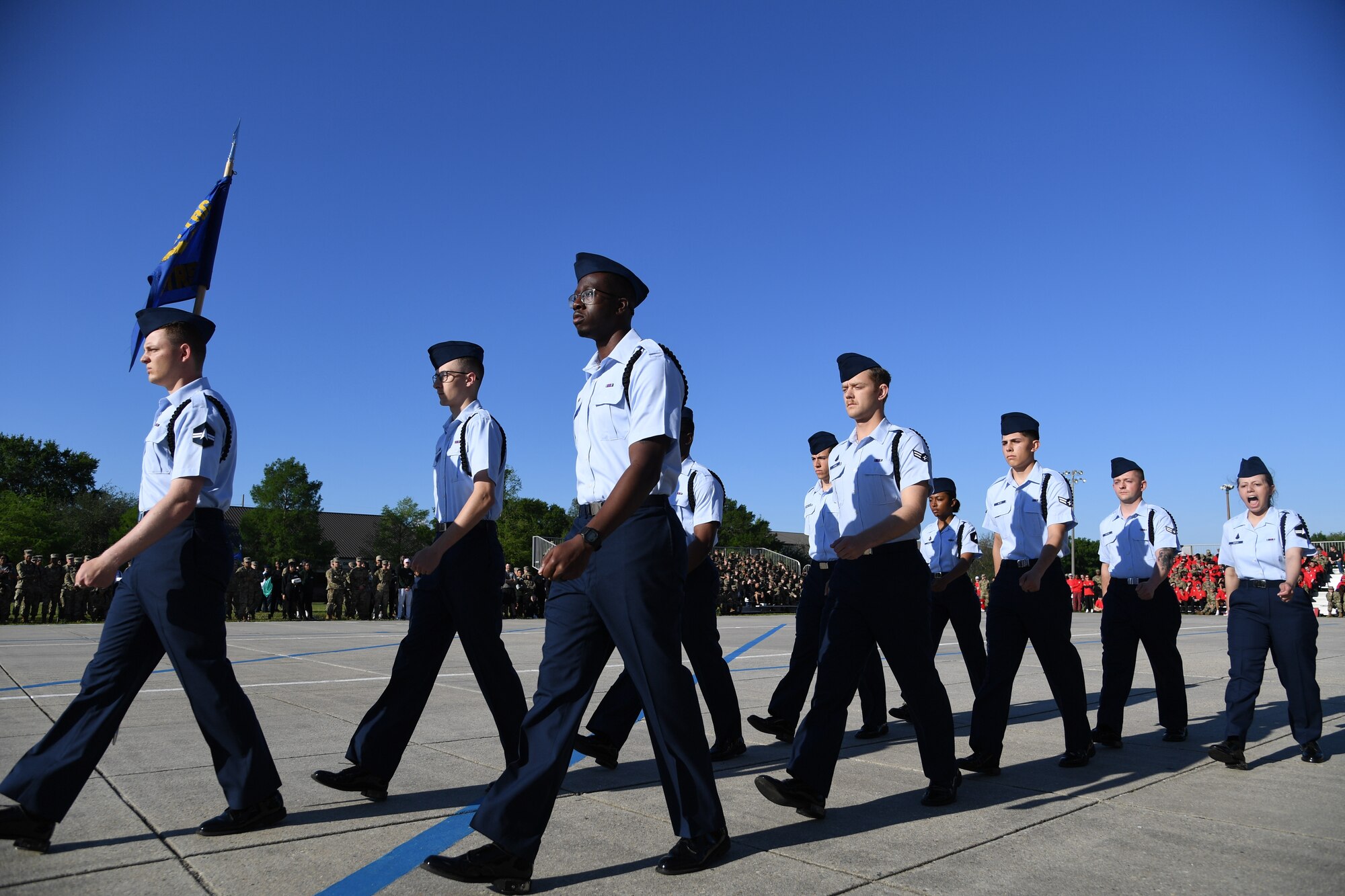 Members of the 338th Training Squadron regulation drill team perform during the 81st Training Group drill down on the Levitow Training Support Facility drill pad at Keesler Air Force Base, Mississippi, April 14, 2023.