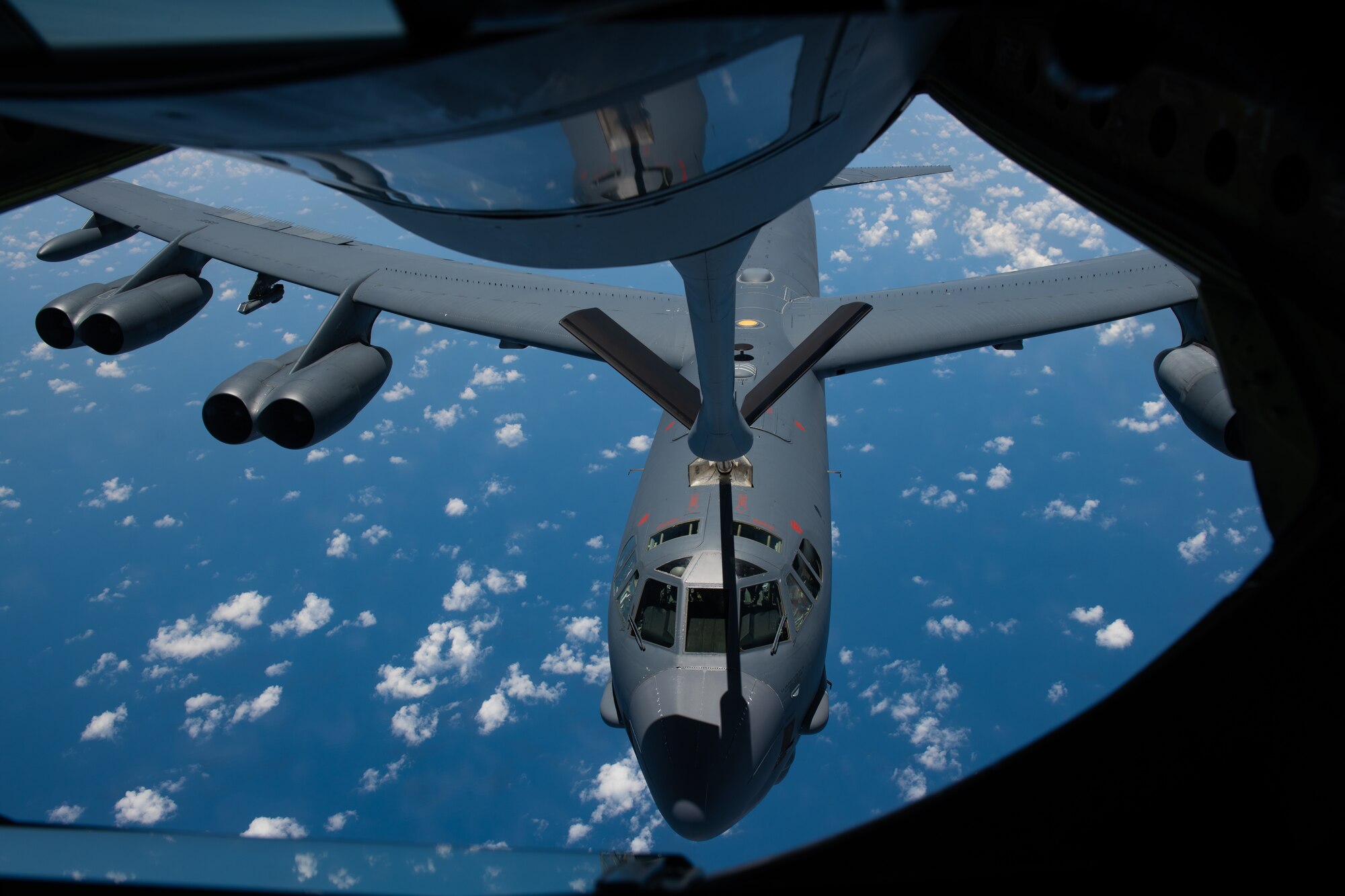 A U.S. Air Force B-52 Stratofortress receives fuel during a mission in the Indo-Pacific region, April 16, 2023. The U.S. Indo-Pacific Command routinely and visibly demonstrates commitment to our Allies and partners through the employment of our military forces by displaying strategic predictability while becoming more operationally unpredictable to adversaries. (U.S. Air Force photo by Senior Airman Cedrique Oldaker)