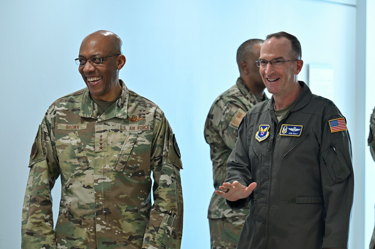 photo of Air Force Chief of Staff Gen. CQ Brown, Jr. and Chief of Air Force Reserve Lt. Gen. John Healy laughing