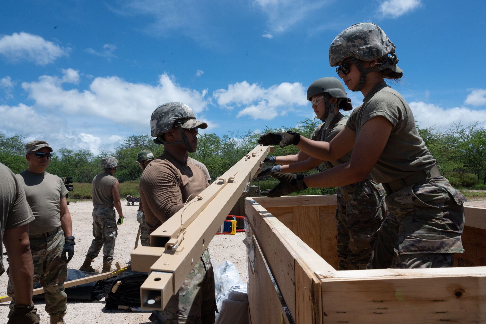 Hawaii Air National Guard Airmen from the 154th Force Support Squadron disassemble tent structures April 5, 2023, at Joint Base Pearl Harbor-Hickam, Hawaii. The Home Station Readiness Training event was an opportunity for the Air National Guard Force Support Squadron to improve readiness for deployment.