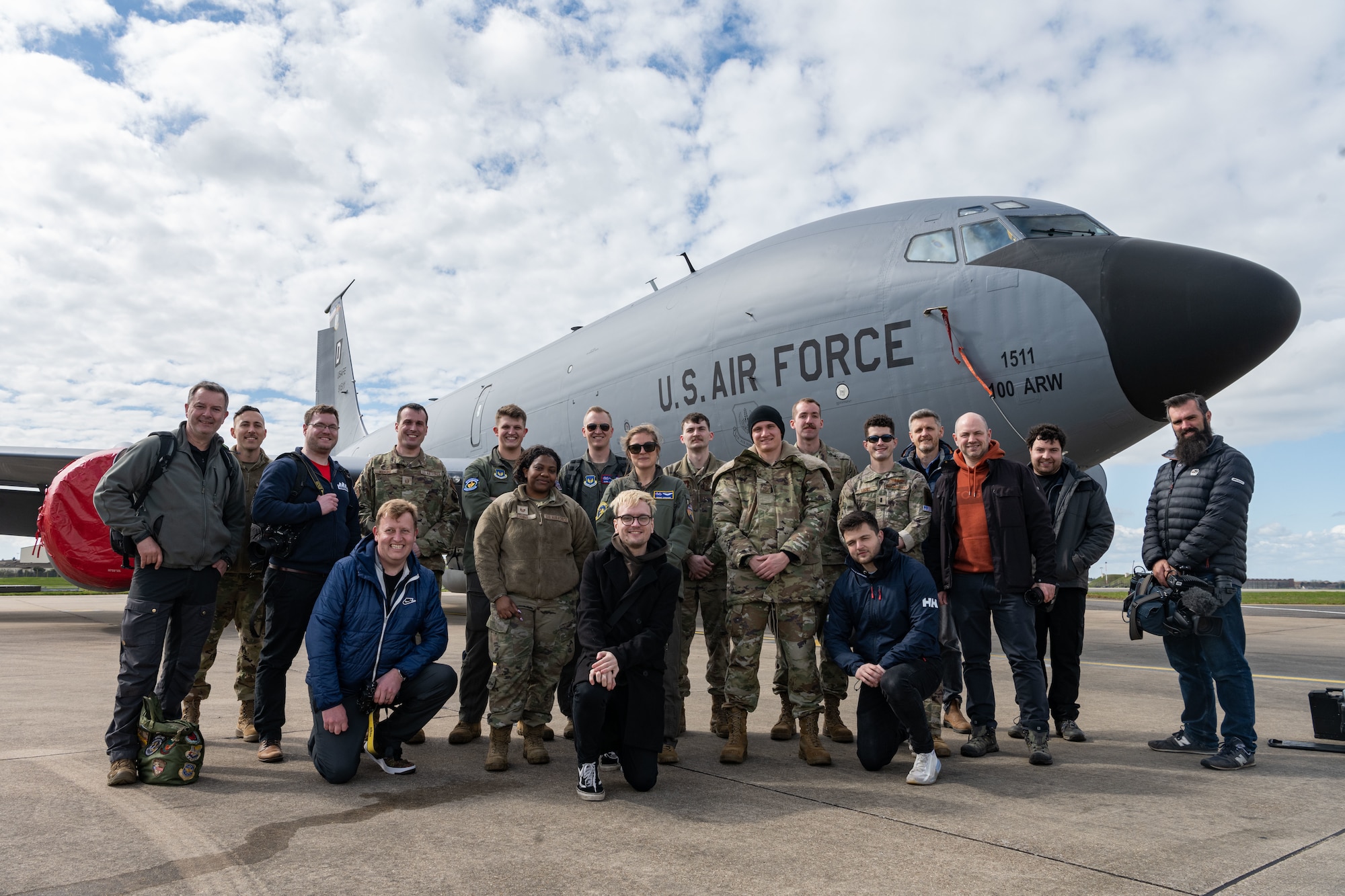 United Kingdom local media pose for photo after a media flight at Royal Air Force Mildenhall, England