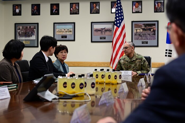Dr. (Col.) Rene “Hawk” Saenz (right), 8th Medical Group commander, meets with members of the local medical community at Kunsan Air Base, Republic of Korea, Mar. 30, 2023.