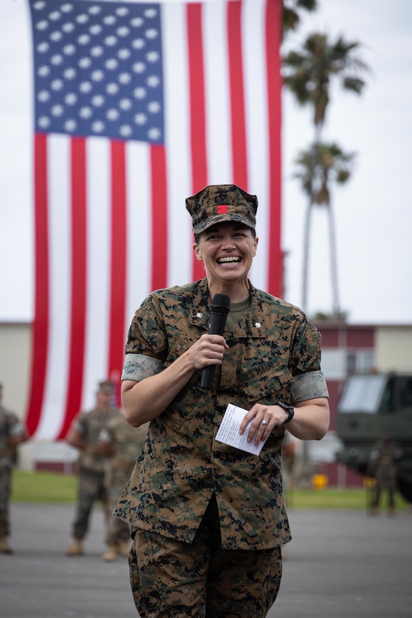U.S. Marine Corps Lt. Col Autumn D. Swinford, oncoming commanding officer of

1st Landing Support Battalion, 1st Marine Logistics Group, I Marine

Expeditionary Force, gives her remarks during the 1st Landing Support

Battalion change of command on Camp Pendleton, California on Camp Pendleton

California, June 22, 2022. The 1st LSB change of command ceremony marked the

passing of command from Lt. Col. Jonathan L. Peterson to Lt. Col. Autumn D.

Swinford. (U.S. Marine Corps photo by Sgt. Maximiliano Rosas)