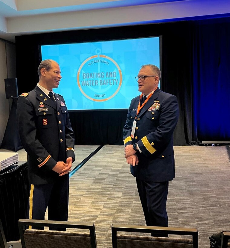 Little Rock District Deputy Commander Lt. Col. ChaTom “CT” Warren discusses water safety with U.S. Coast Guard Rear Admiral Wayne Arquin Jr., at this year’s International Boating and Water Safety Summit hosted by the National Safe Boating Council in Little Rock, Arkansas on April 16.