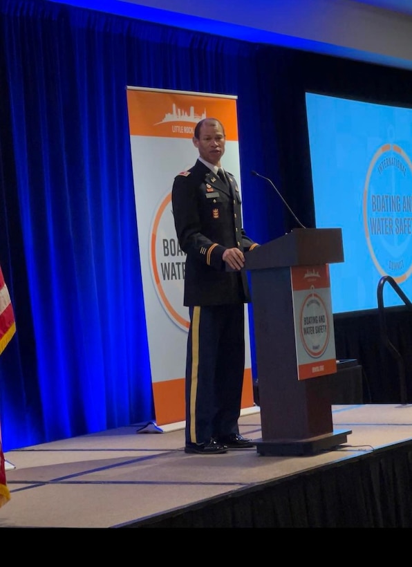 Little Rock District Deputy Commander Lt. Col. ChaTom "CT" Warren gives keynote speech at annual International Boating and Water Safety Summit hosted by the National Safe Boating Council on April 16 in Little Rock, Ark.