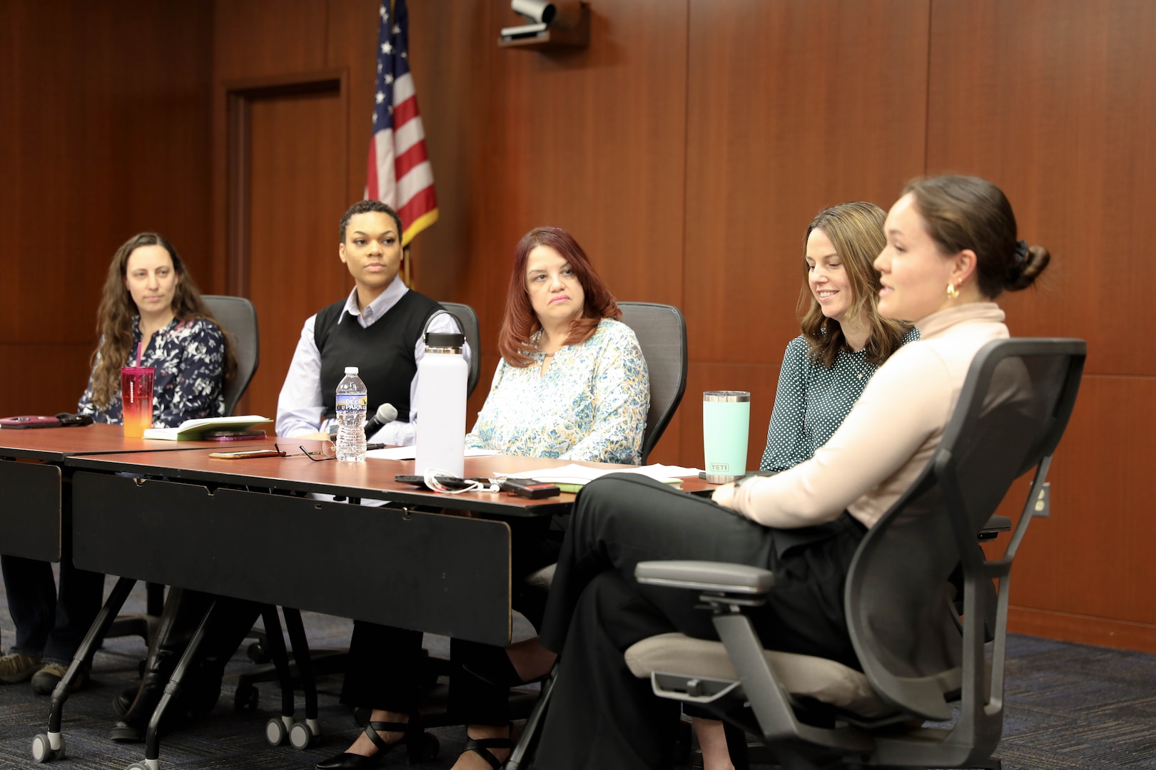 (from right) Naval Surface Warfare Center, Philadelphia Division (NSWCPD) In-Service Fuel Oil Lead and Women’s Employee Resource Group (WERG) Acting Chair Michelle Klem serves as moderator for a hybrid panel discussion presented by NSWCPD’s WERG and Equal Employment Opportunity (EEO) Diversity and Inclusion (ED&I) Office with Program Manager Monica Schrank, Logistics Management Specialist Marie Ramos-Santana, Mechanical Engineer Taylor Barnett, and Mechanical Engineer Ashley Ferguson making up the panel on March 30, 2023. (U.S. Navy photo by Phillip Scaringi/Released)