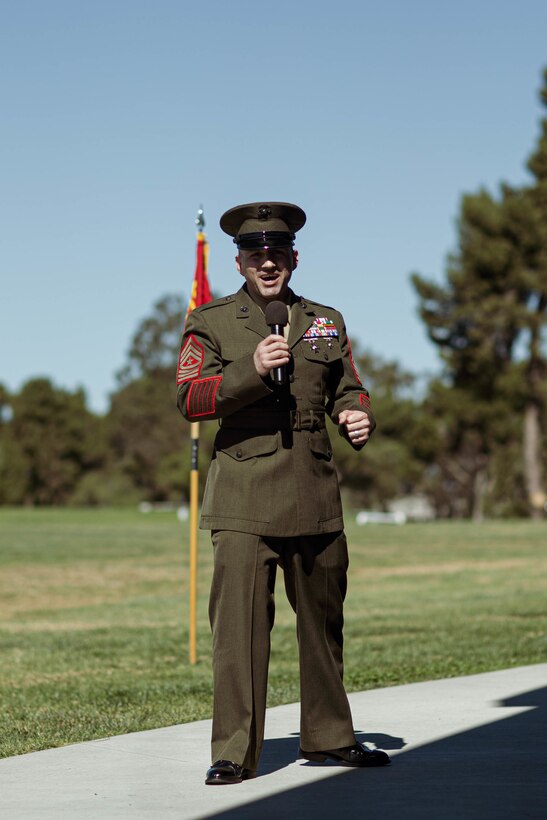 U.S. Marine Corps Sgt. Maj. George Garcia III, Combat Logistics Regiment 1 inbound sergeant major, speaks during a relief and appointment ceremony at Camp Pendleton, California, February 18, 2022. The relief and appointment ceremony is a time-honored tradition which formally signifies the transfer of responsibility, accountability and authority from one individual to another. (U.S. Marine Corps photo by Lance Cpl. Bradley Ahrens)