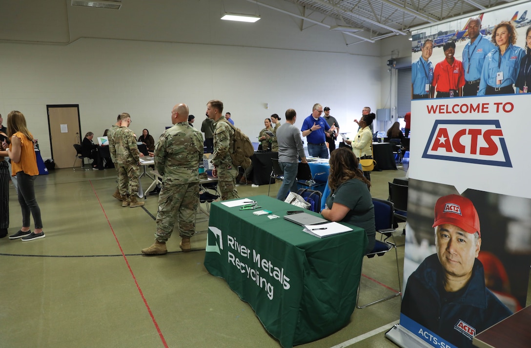 Over 50 vendors and colleges were present for the career fair at the Kentucky National Guard’s Readiness Center in Northern Kentucky Apr. 14, 2023. Soldiers and civilians were invited to talk to the many companies like Fed EX, Atlas Air, Amazon and CVG Airport Police about protentional job opportunities.