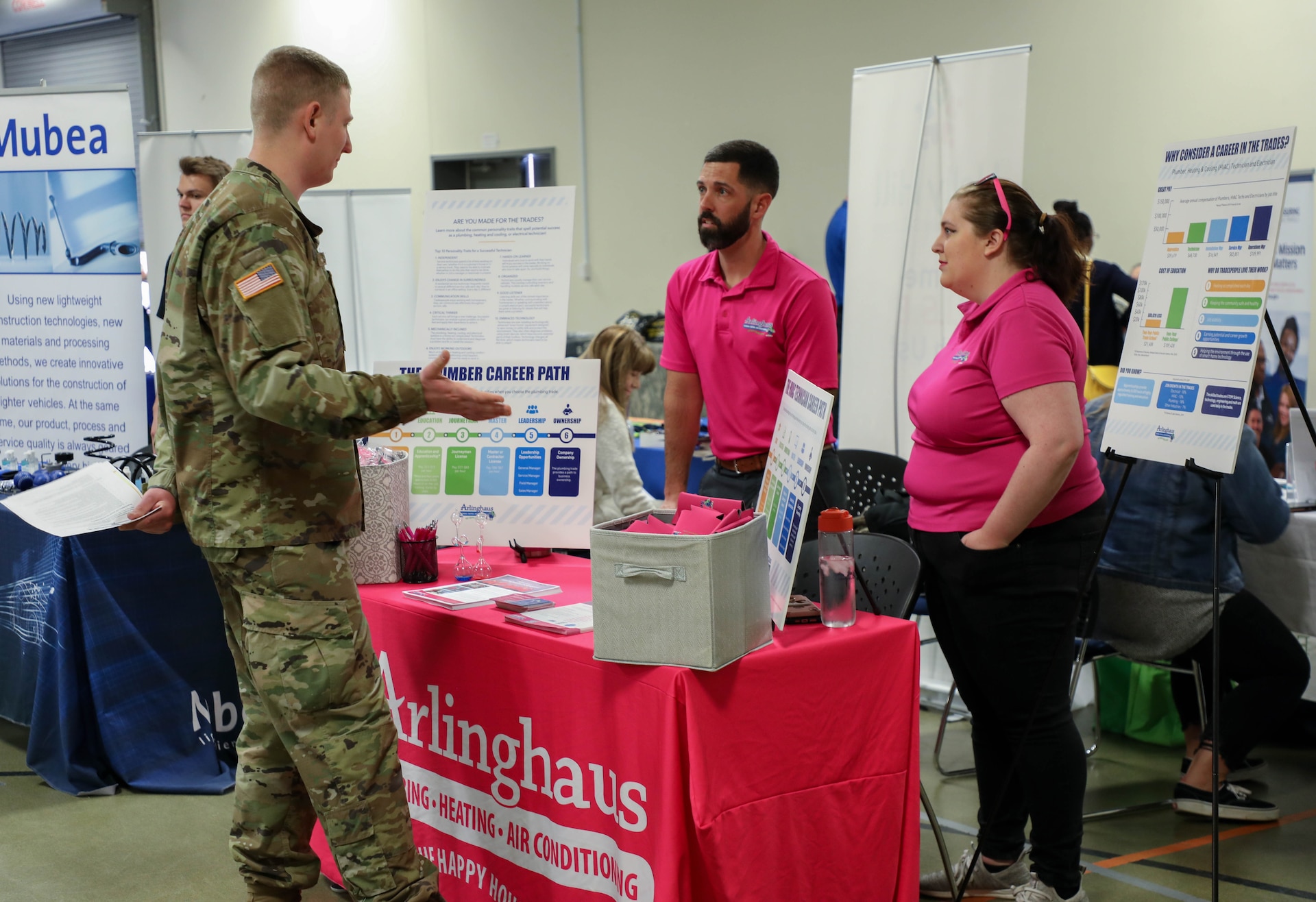 Over 50 vendors and colleges were present for the career fair at the Kentucky National Guard’s Readiness Center in Northern Kentucky Apr. 14, 2023. Soldiers and civilians were invited to talk to the many companies like Fed EX, Atlas Air, Amazon and CVG Airport Police about protentional job opportunities.