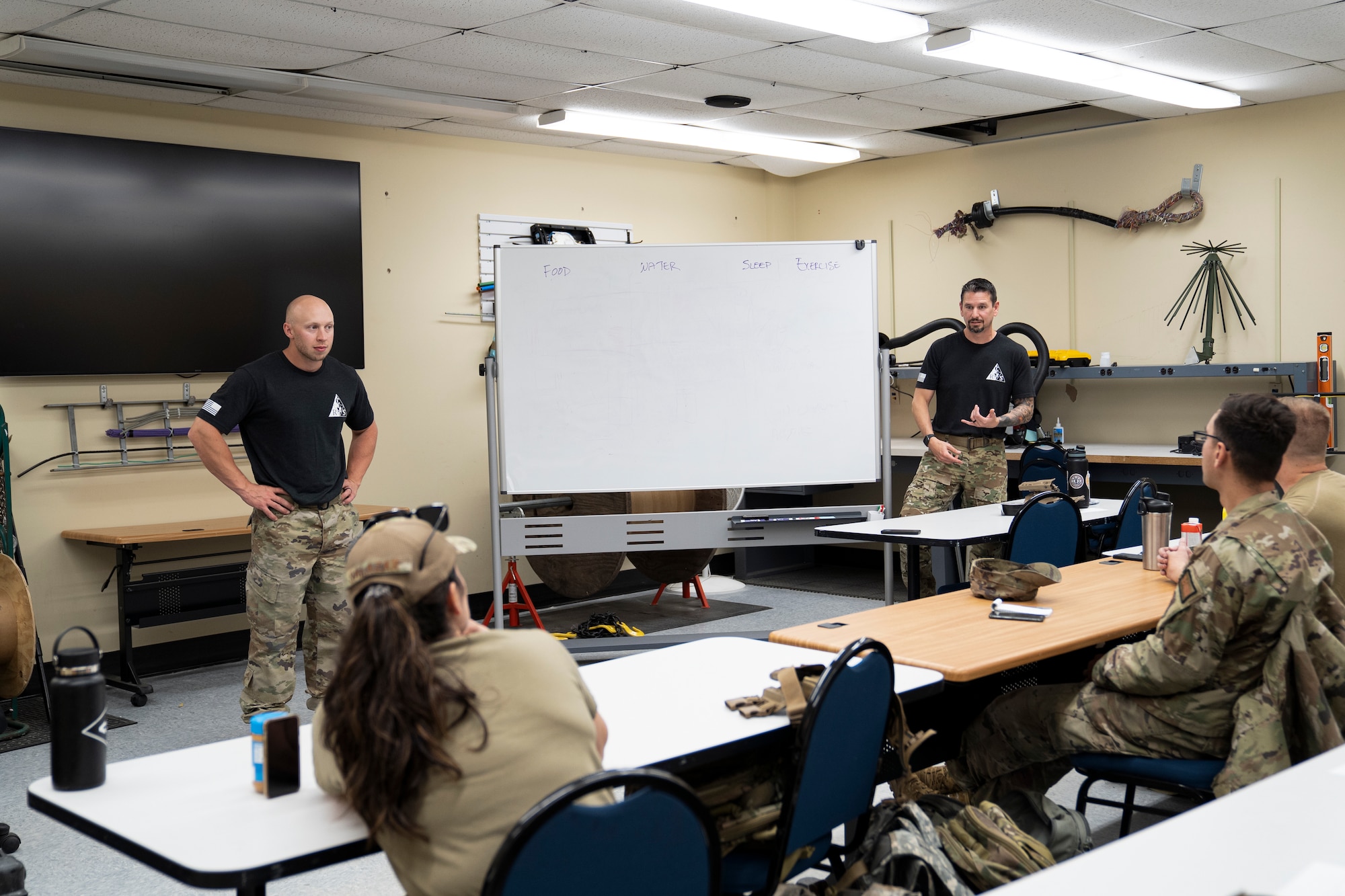 Instructors from the 5th Combat Communications Support Squadron Combat Readiness instruct members of the 85th Engineering Installation Squadron on weapons handling during a MOB school course at Keesler Air Force Base, Mississippi, April 12, 2023. In this course 85th EIS students learn weapons familiarization, combatives and other pre-deployment tactics. (U.S. Air Force photo by Airman 1st Class Trenten Walters)