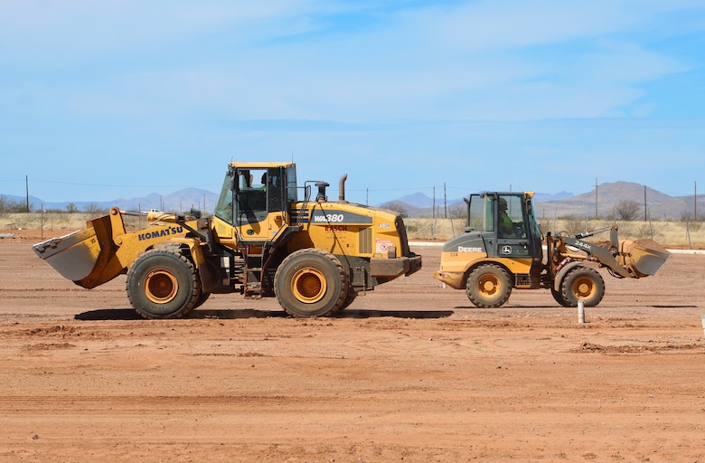 Contractors prepare land for parking lots and roads at the U.S. Army Corps of Engineers Los Angeles District’s Ground Transport Equipment project site March 14 near Sierra Vista, Arizona.
