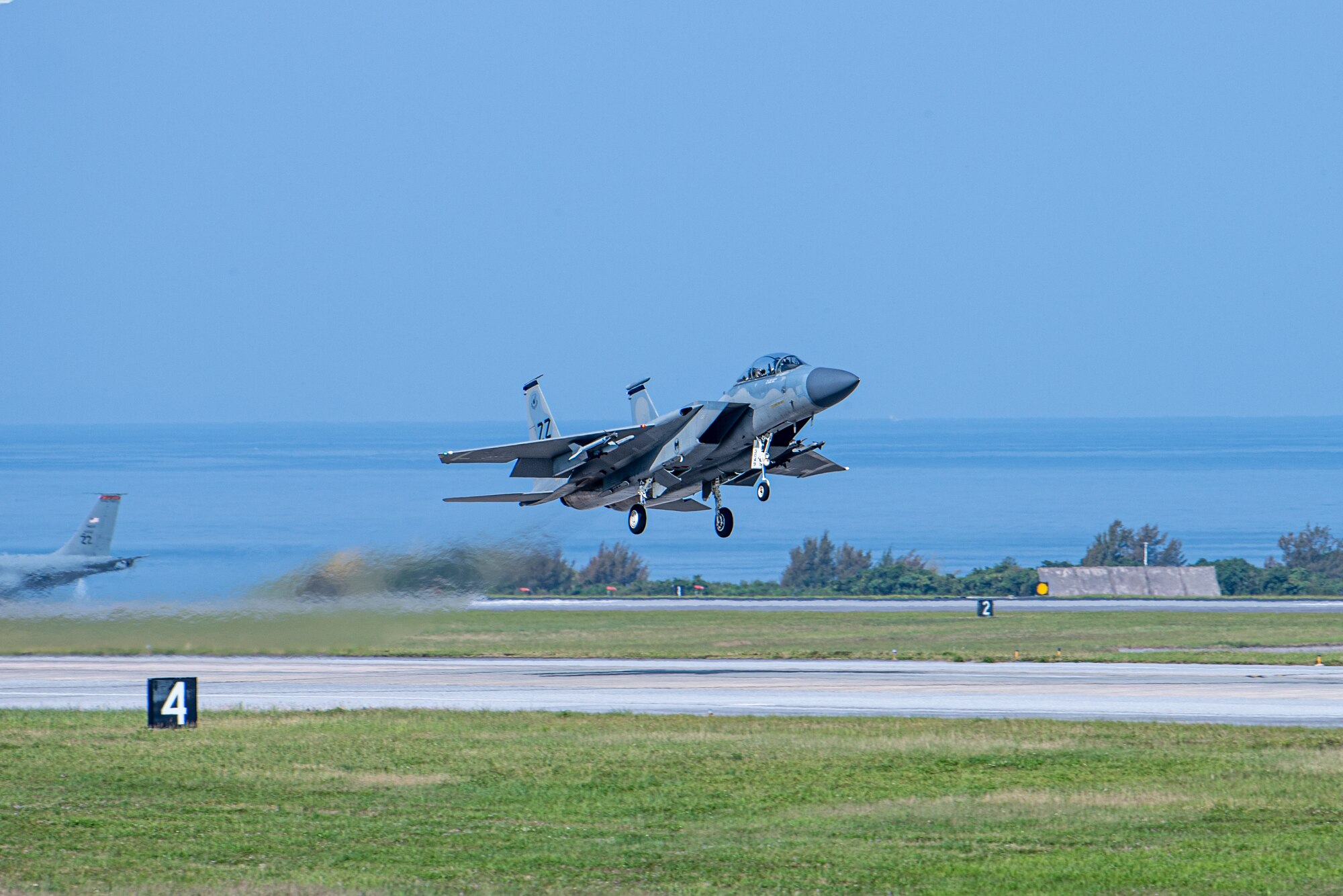 Airmen take off in a jet.