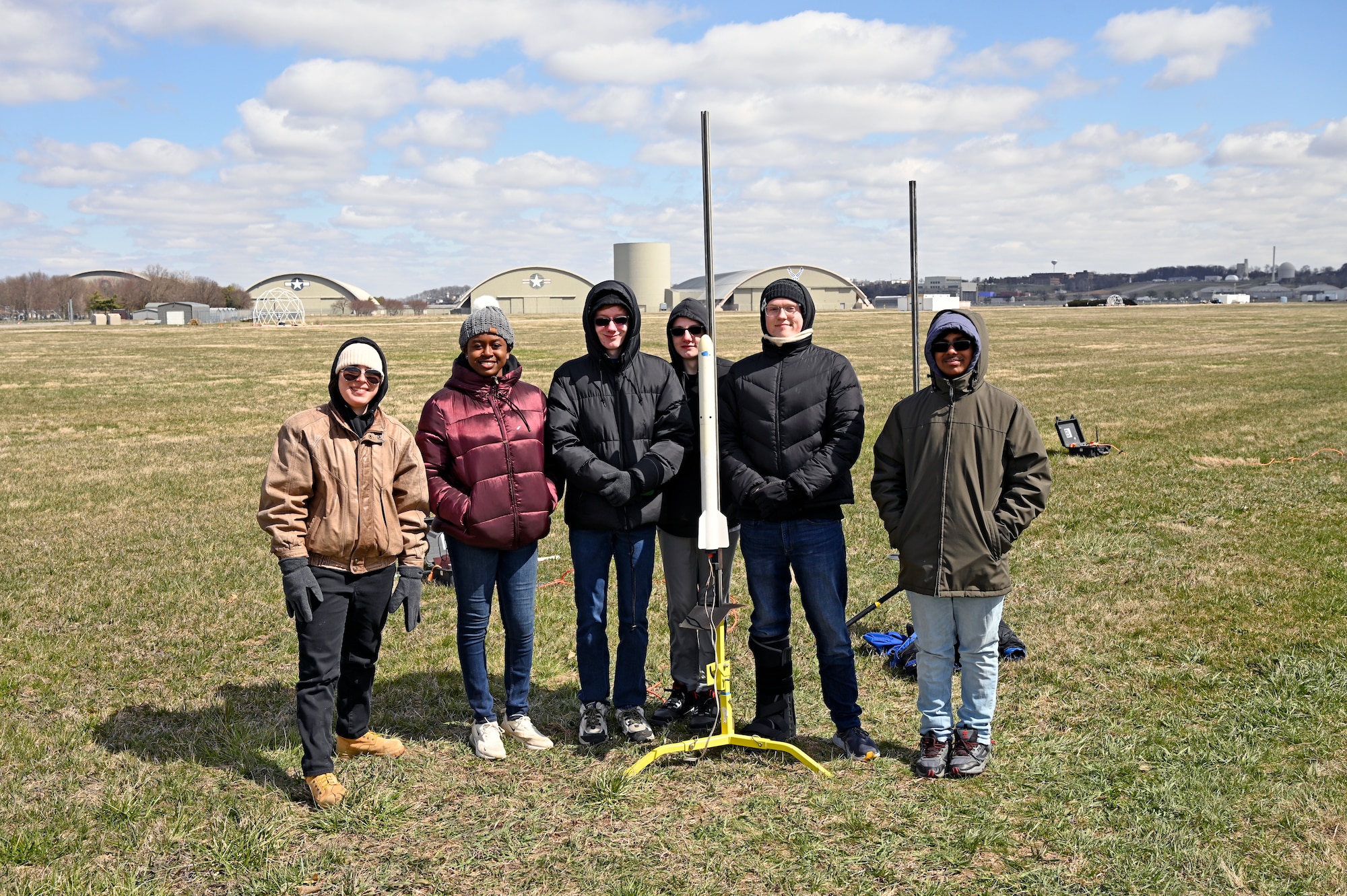 Rocketery Team Prometheus from the National Museum of the U.S. Air Force has advanced to The American Rocketery Challenge National Finals near Washington D.C. on Saturday May 20, 2023. From the left are: Dani Price, MiKayla Aaron, Xander Cottle, Evan Wall, Adam Bellware and Eeshaan Pabbuleti. (U.S. Air Force photo by Ty Greenlees)