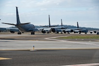 Multiple KC-135 Stratotanker aircraft taxi during exercise Global Thunder 23 at Fairchild Air Force Base, Washington, April 11, 2023. Team Fairchild Airmen are on watch 24 hours a day, seven days a week, conducting operations to deter and detect strategic attack against the United States and our allies. (U.S. Air Force photo by Airman 1st Class Morgan Dailey)