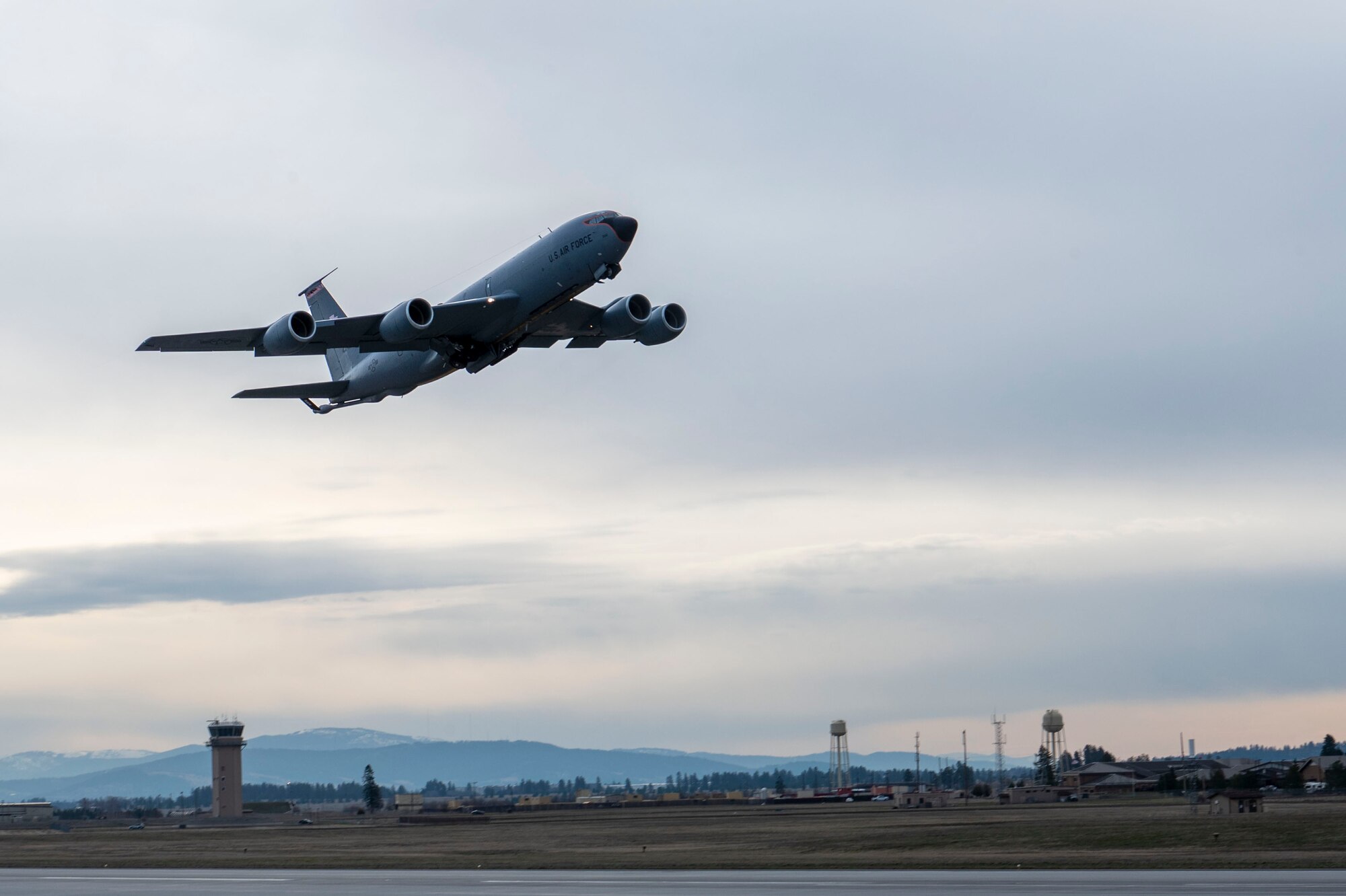 A U.S. Air Force KC-135 Stratotanker assigned to the 92nd Air Refueling Wing,  takes off during exercise Global Thunder 23 at Fairchild Air Force Base, Washington, April 11, 2023. Global Thunder is an invaluable training opportunity to exercise all U.S. Strategic Command mission areas and create the conditions for strategic deterrence against a variety of threats. (U.S. Air Force photo by Airman 1st Class Morgan Dailey)