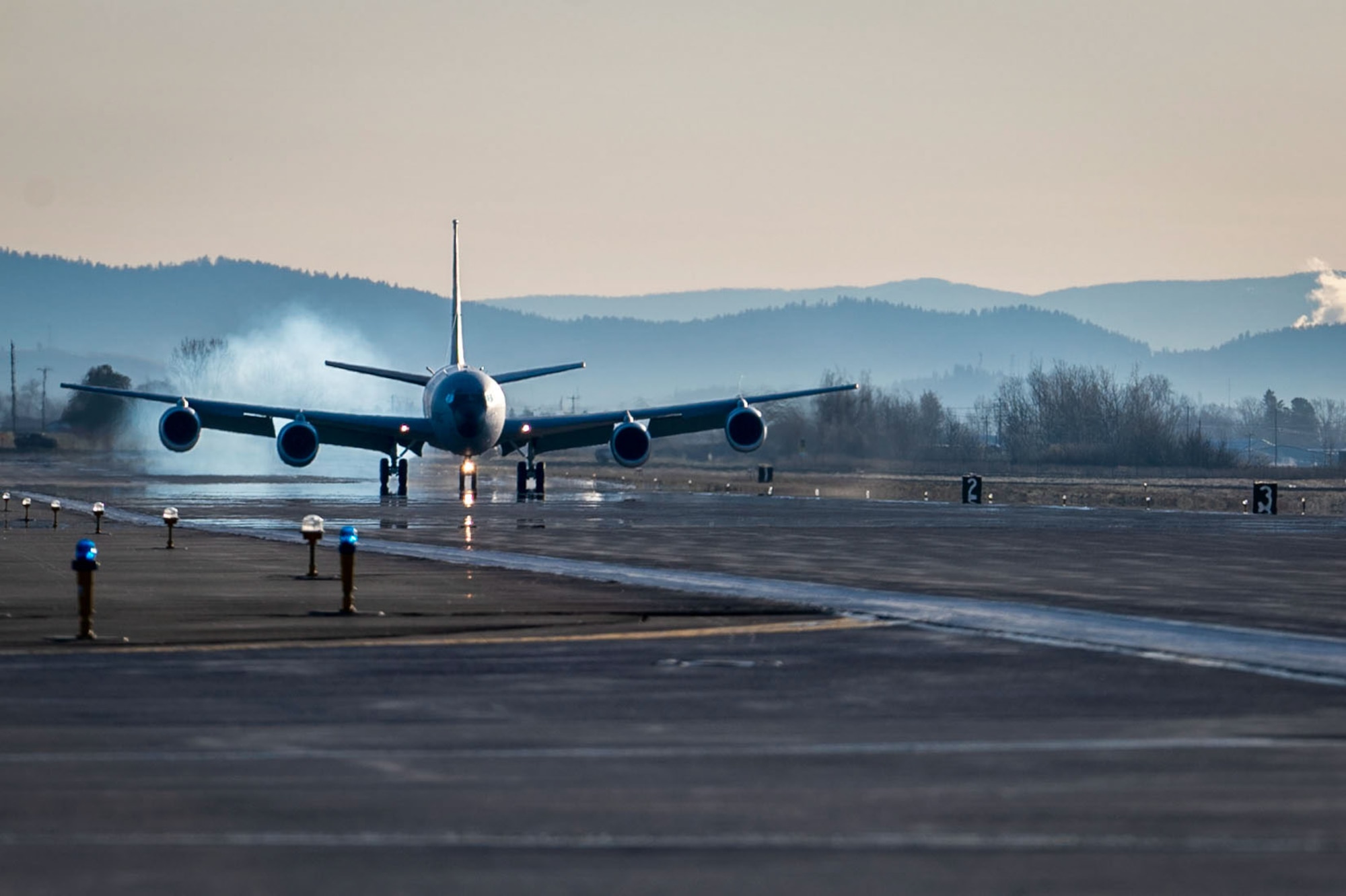 A U.S. Air Force KC-135 Stratotanker assigned to the 6th Air Refueling Wing, lands during exercise Global Thunder 23 at Fairchild Air Force Base, Washington, April 11, 2023. Global Thunder is an invaluable training opportunity to exercise all U.S. Strategic Command mission areas and create the conditions for strategic deterrence against a variety of threats. (U.S. Air Force photo by Airman 1st Class Morgan Dailey)