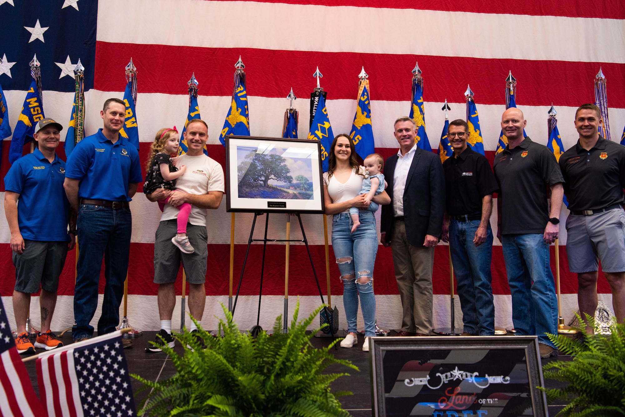 The Military Affairs Committee and 7th Bomb Wing leadership honor the Military Family of the Year at the World’s Largest BBQ hosted at the Abilene Convention Center in Abilene, Texas, April 15, 2023. The Abilene Military Affairs Committee hosted the 58th Annual World’s Largest BBQ honoring military personnel and their service. (U.S. Air Force photo by Airman 1st Class Alondra Cristobal Hernandez)