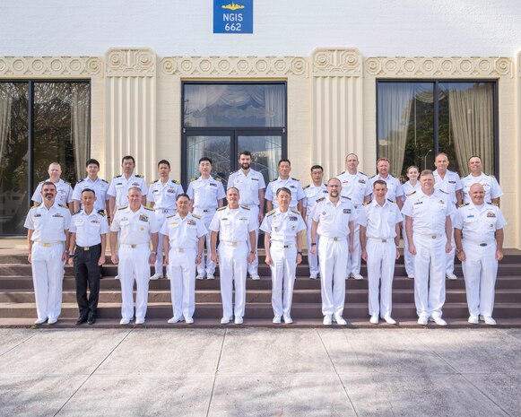 JOINT BASE PEARL HARBOR-HICKAM (April 13, 2023) Attendees of the Submarine Warfare Commanders Conference (SWCC) pose for a group photo on Joint Base Pearl Harbor-Hickam, Hawaii, April 13, 2023. The purpose of SWCC, which was first held in 2018, is to strengthen a free and open Indo-Pacific region through expanded cooperation between submarine force commanders of allies and partners.