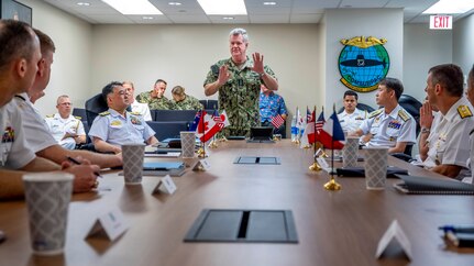 Adm. Samuel Paparo, Commander, U.S. Pacific Fleet, addresses attendees of the Submarine Warfare Commanders Conference (SWCC) on Joint Base Pearl Harbor-Hickam, Hawaii, April 12.
