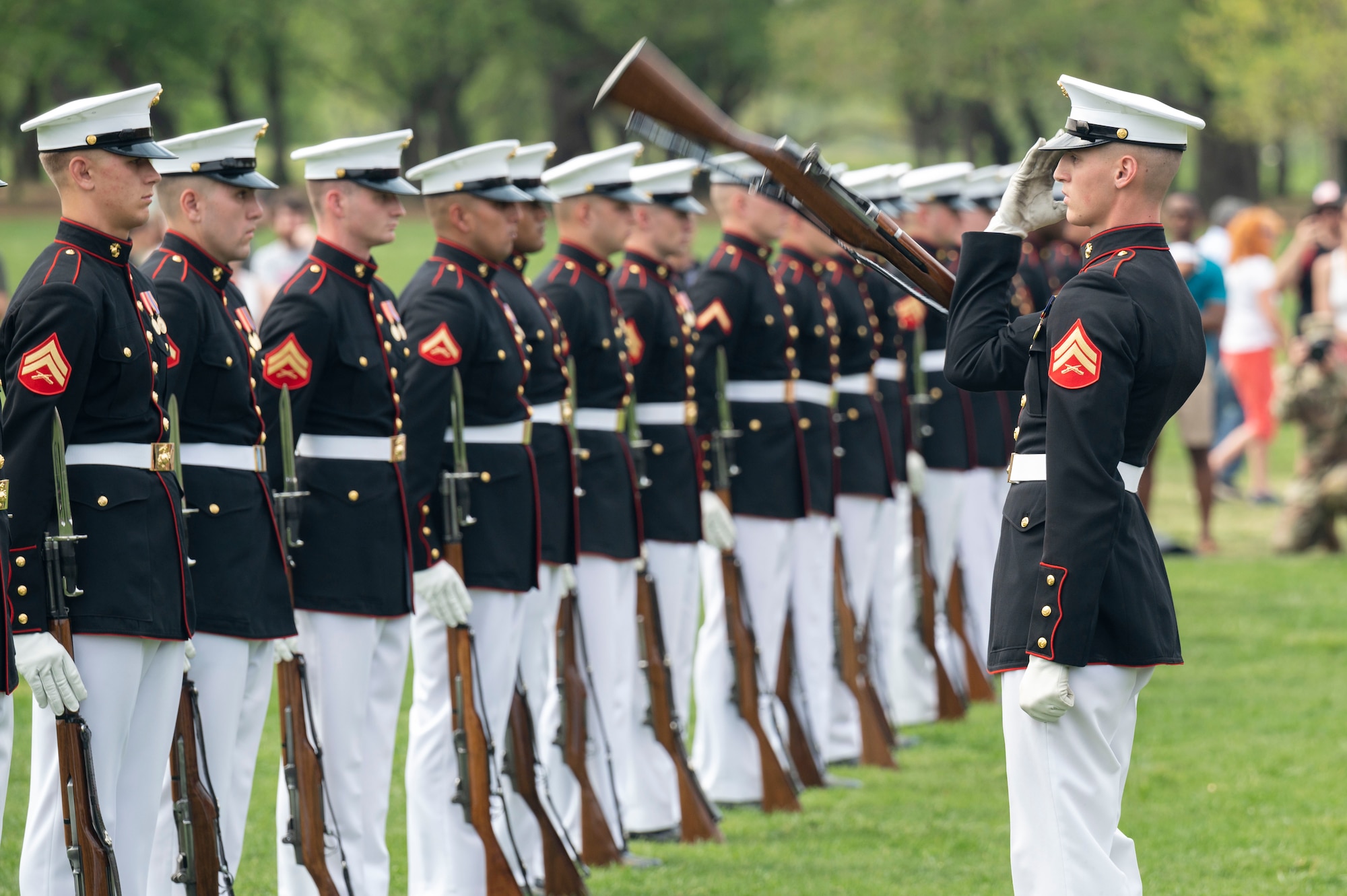 The U.S. Marine Corps Silent Drill Platoon performs during a Joint Services Drill Exhibition April 14, 2023, at the Washington Monument in Washington, D.C. All five U.S. military drill teams displayed technical skill and teamwork while challenging the other branches for the first-place trophy in this friendly competition. (U.S. Air Force photo by Jason Treffry)