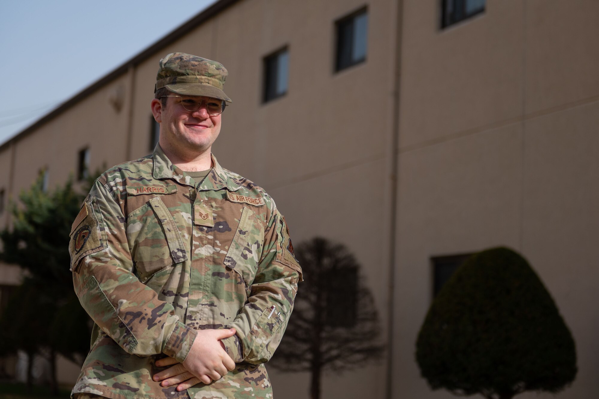 U.S. Air Force Staff Sgt. Colton Harris, 694th Intelligence, Surveillance and Reconnaissance Group volunteer victim advocate, poses for a photo during Sexual Assault Awareness and Prevention Month at Osan Air Base, Republic of Korea, Apr. 12, 2023.