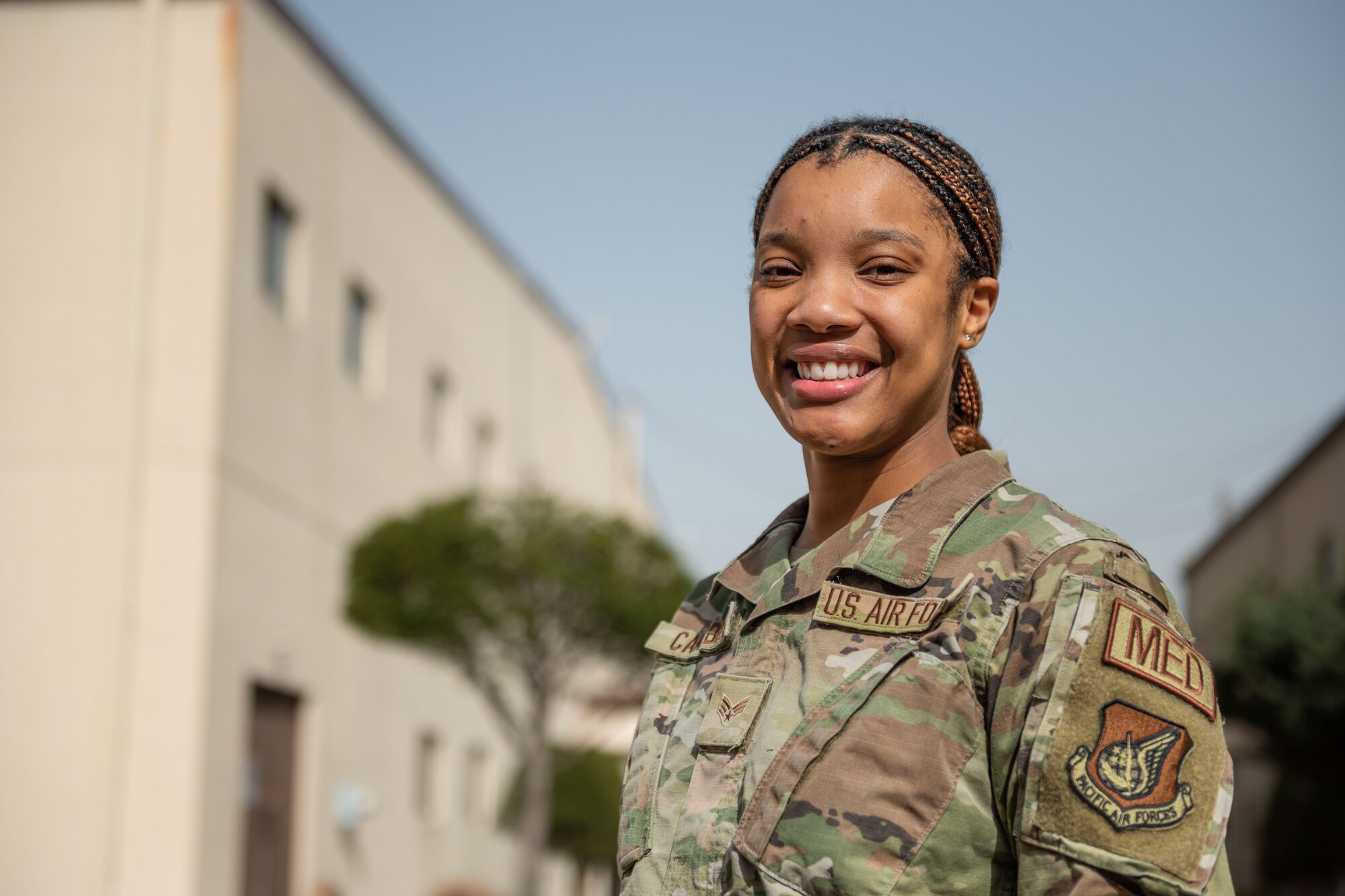 U.S. Air Force Senior Airman Jalaia Campbell, 51st Medical Group volunteer victim advocate, poses for a photo during Sexual Assault Awareness and Prevention Month at Osan Air Base, Republic of Korea, Apr. 12, 2023.