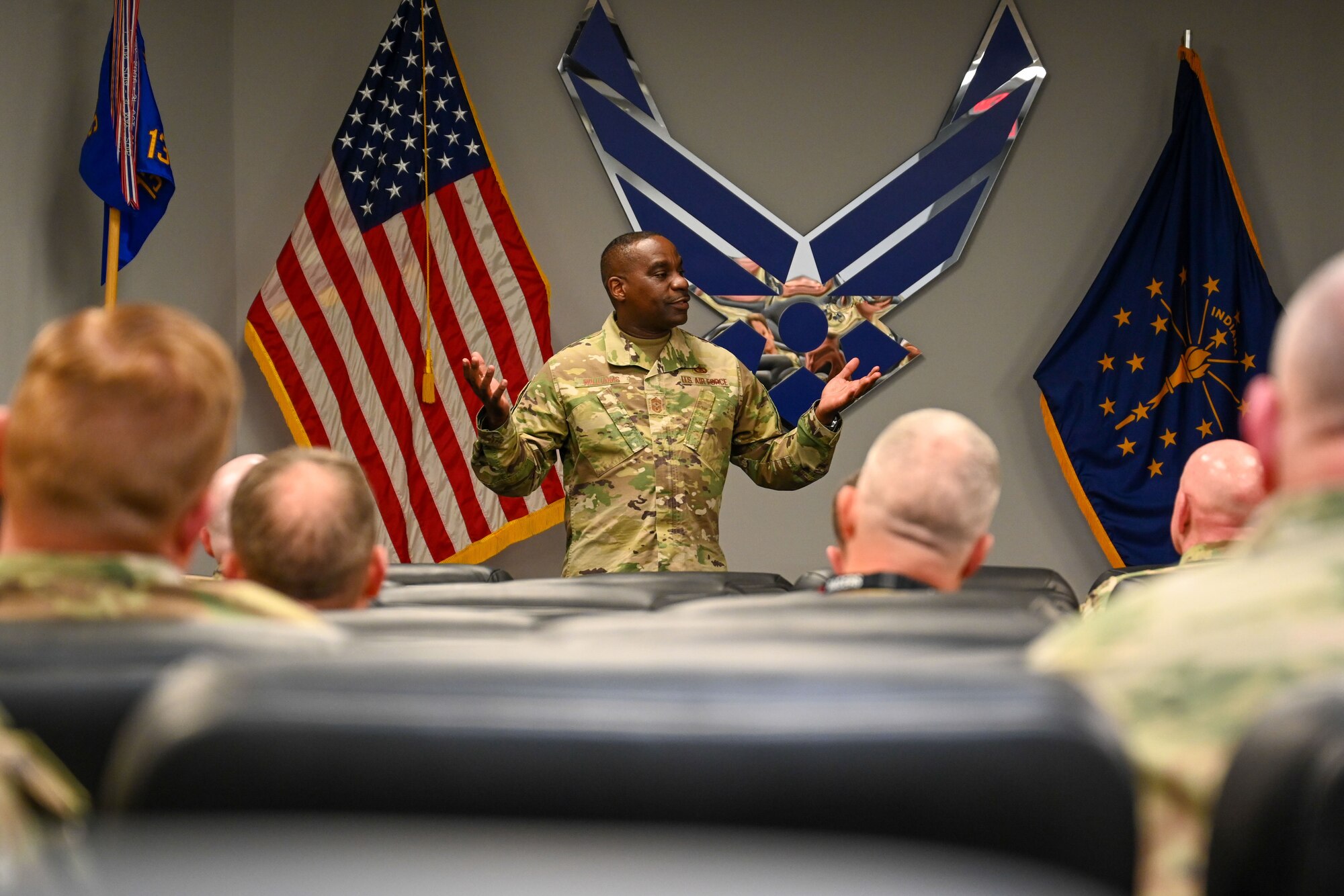 Air Force Chief Master Sgt. Maurice L. Williams, the Air National Guard command chief, addresses the Chiefs Council at Hulman Field Air National Guard Base, Ind., April 15, 2023.