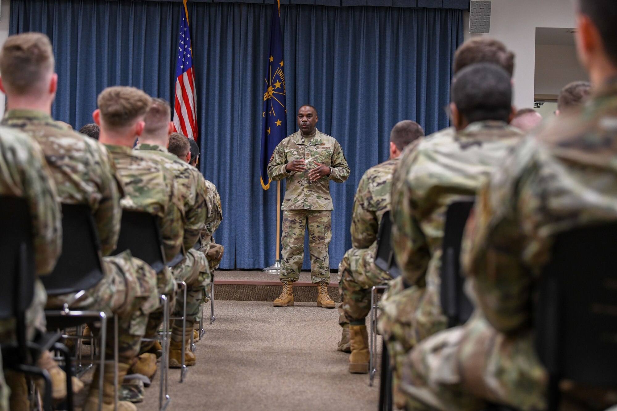 Air Force Chief Master Sgt. Maurice L. Williams, the Air National Guard command chief, addresses the Junior Enlisted Council at Hulman Field Air National Guard Base, Ind., April 15, 2023.