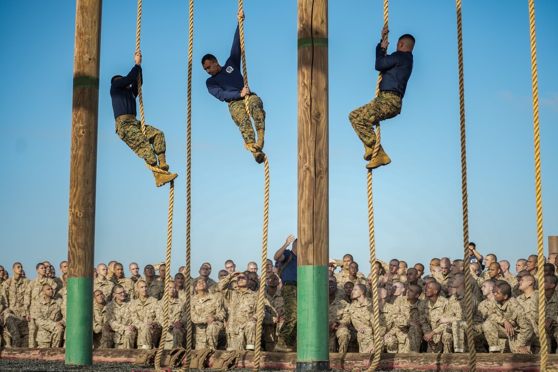 An audience of Marine recruits watch three other Marines climbing ropes.