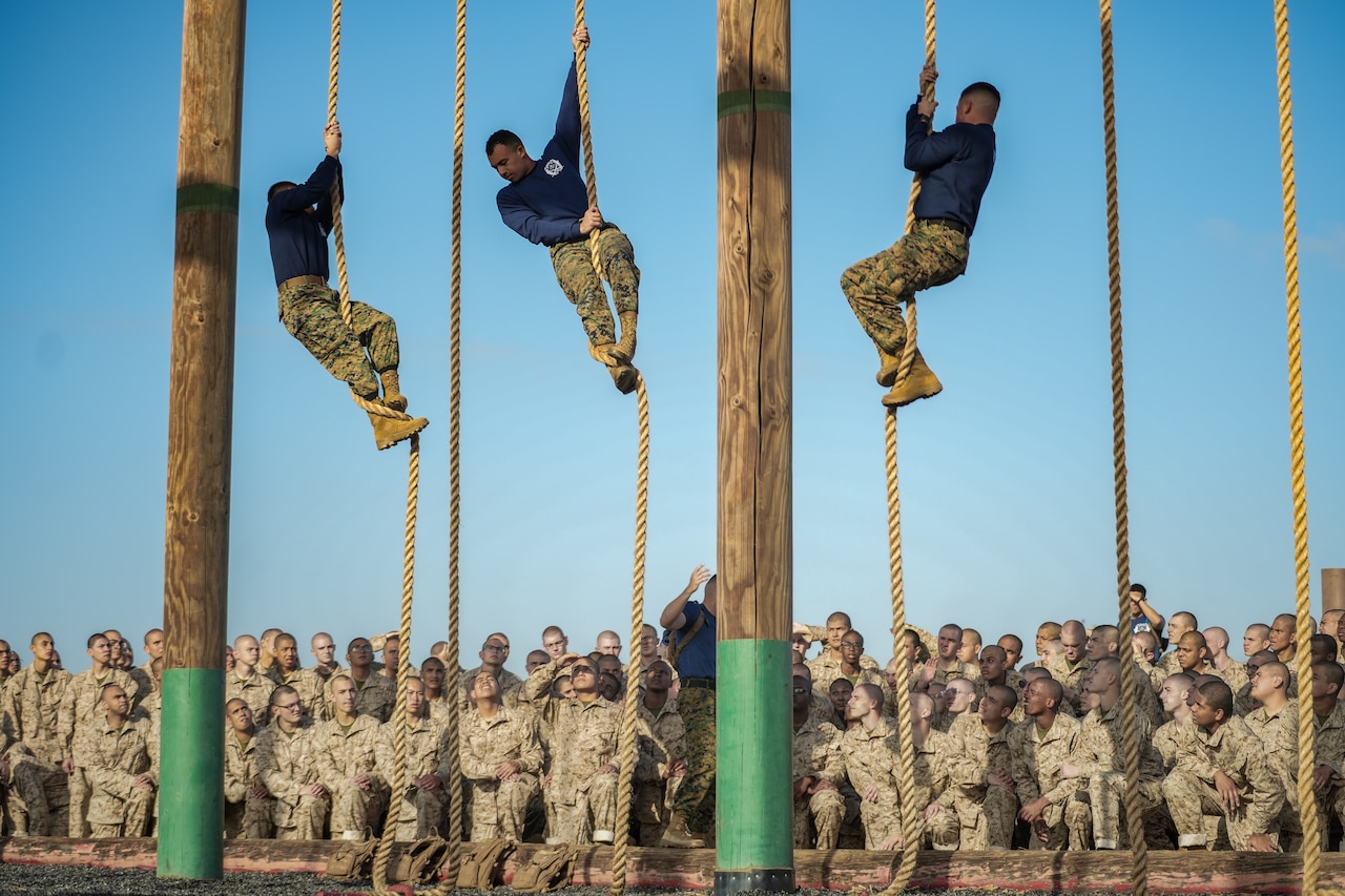 An audience of Marine recruits watch three other Marines climbing ropes.
