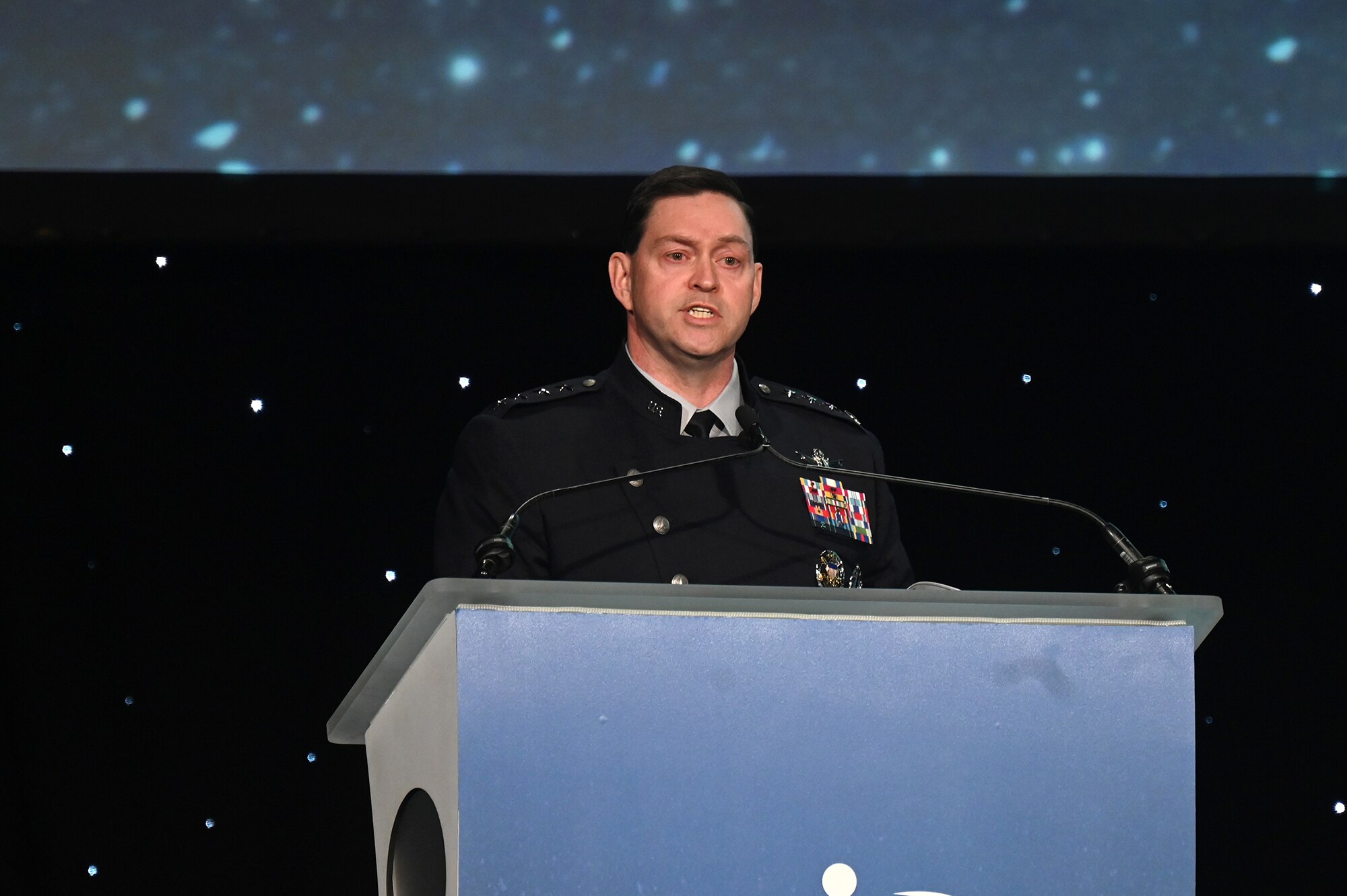 Chief of Space Operations Gen. Chance Saltzman delivers his keynote speech during the Space Foundation's Space Symposium in Colorado Springs, Colo., April 19, 2023. (U.S. Air Force photo by Andy Morataya)