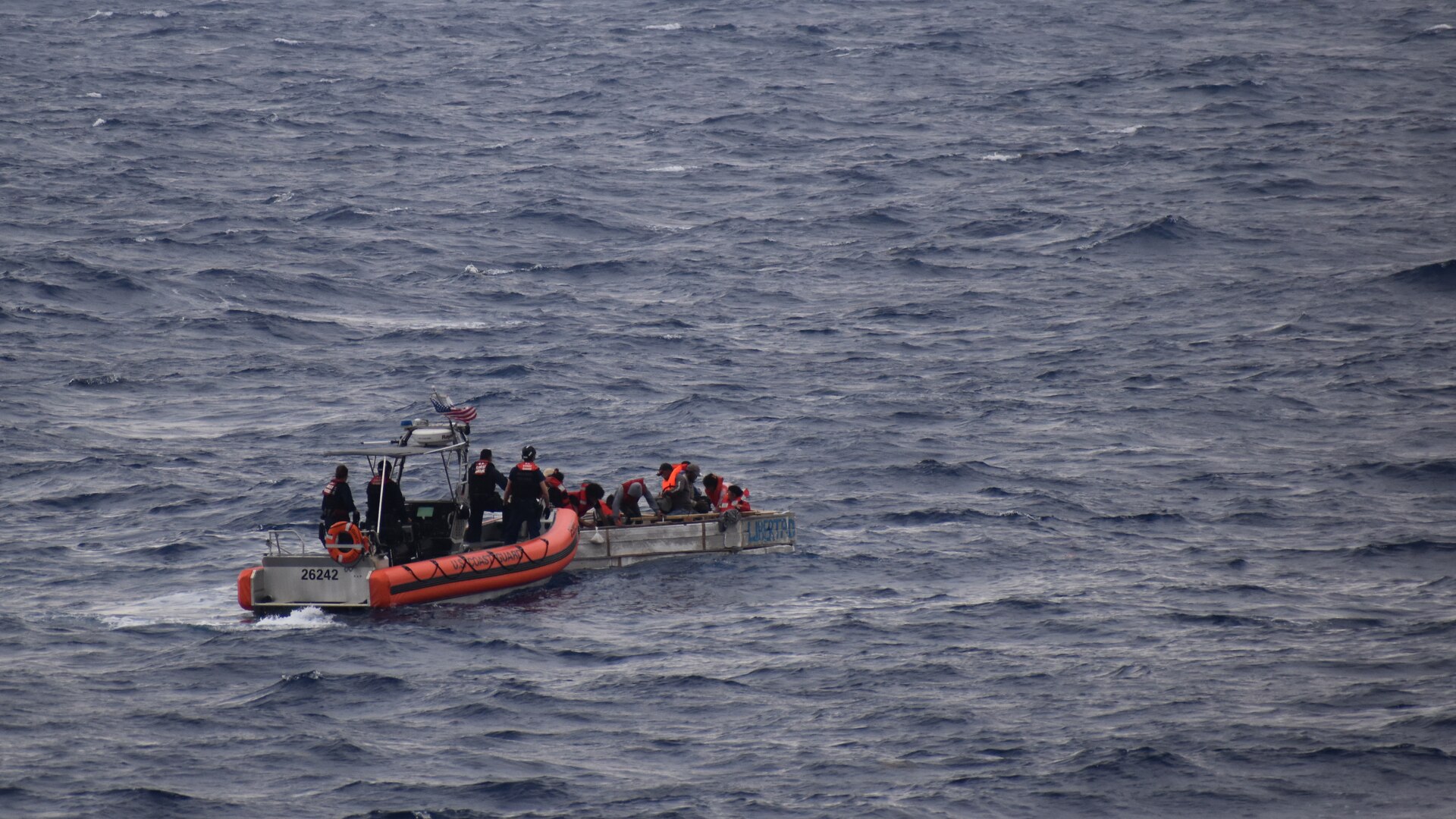 A USCGC Resolute (WMEC 620) boat crew interdicts a Cuban vessel carrying 15 migrants in the Florida Straits March 8, 2023. Resolute’s crew patrolled the Seventh Coast Guard District’s area of responsibility in support of Operation Vigilant Sentry. (U.S. Coast Guard photo courtesy of USCGC Resolute)