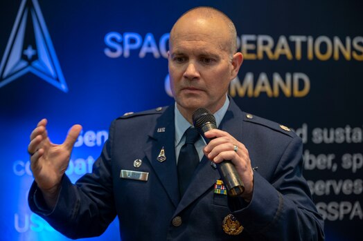  Space Delta 4 Vice Commander Lt. Col. Brandon P. Alford discussed DEL 4’s mission and answered questions during the 38th Space Symposium at the Broadmoor, Colorado Springs, Colo., April 19, 2023. DEL 4’s manages weapon system architectures and ensures operations are intelligence-led, cyber-resilient, and driven by innovation, while postured to operate in a contested, degraded, and operationally-limited environment. (US. Space Force photo by SSgt Jose A. Rodriguez Jr)