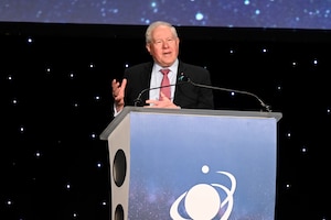 Secretary of the Air Force Frank Kendall delivers his keynote speech during the Space Foundation's Space Symposium in Colorado Springs, Colo., April 19, 2023. (U.S. Air Force photo by Andy Morataya)