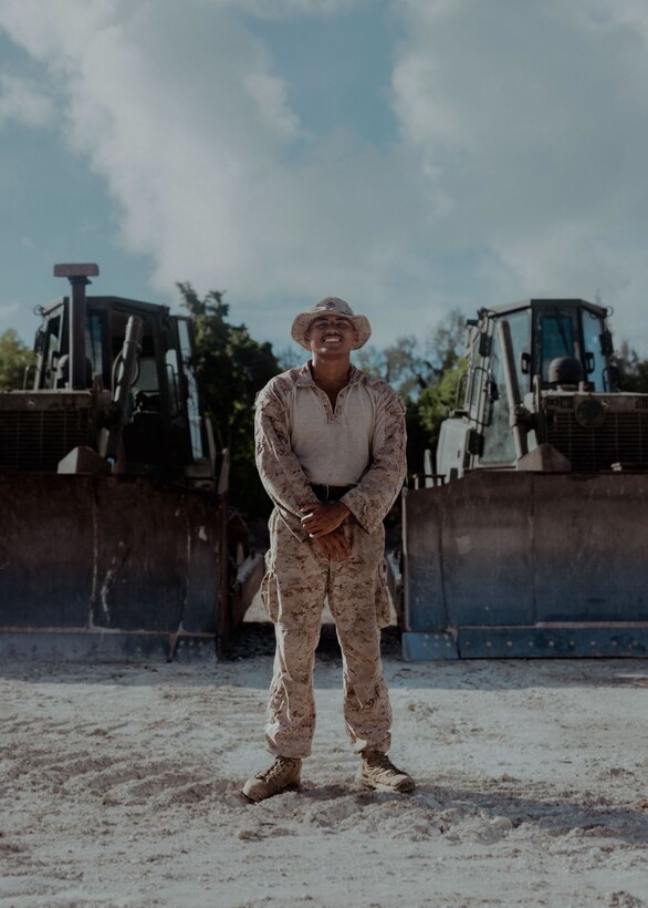 U.S. Marine Corps Lance Cpl. Sean Kingzio, a Palauan native from 7th Engineer Support Battalion assigned to Marine Corps Engineer Detachment - Palau, poses for a photo at Peleliu, Republic of Palau, April 3, 2023.