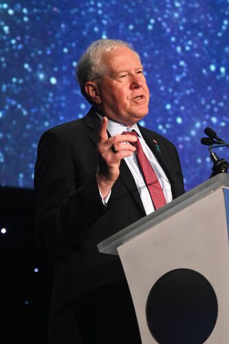 Secretary of the Air Force Frank Kendall delivers his keynote speech during the Space Foundation's Space Symposium in Colorado Springs, Colo., April 19, 2023. (U.S. Air Force photo by Andy Morataya)