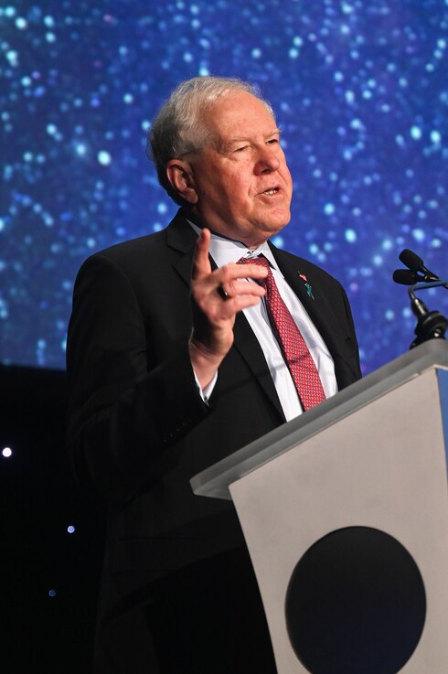  Secretary of the Air Force Frank Kendall delivers his keynote speech during the Space Foundation's Space Symposium in Colorado Springs, Colo., April 19, 2023. (U.S. Air Force photo by Andy Morataya)