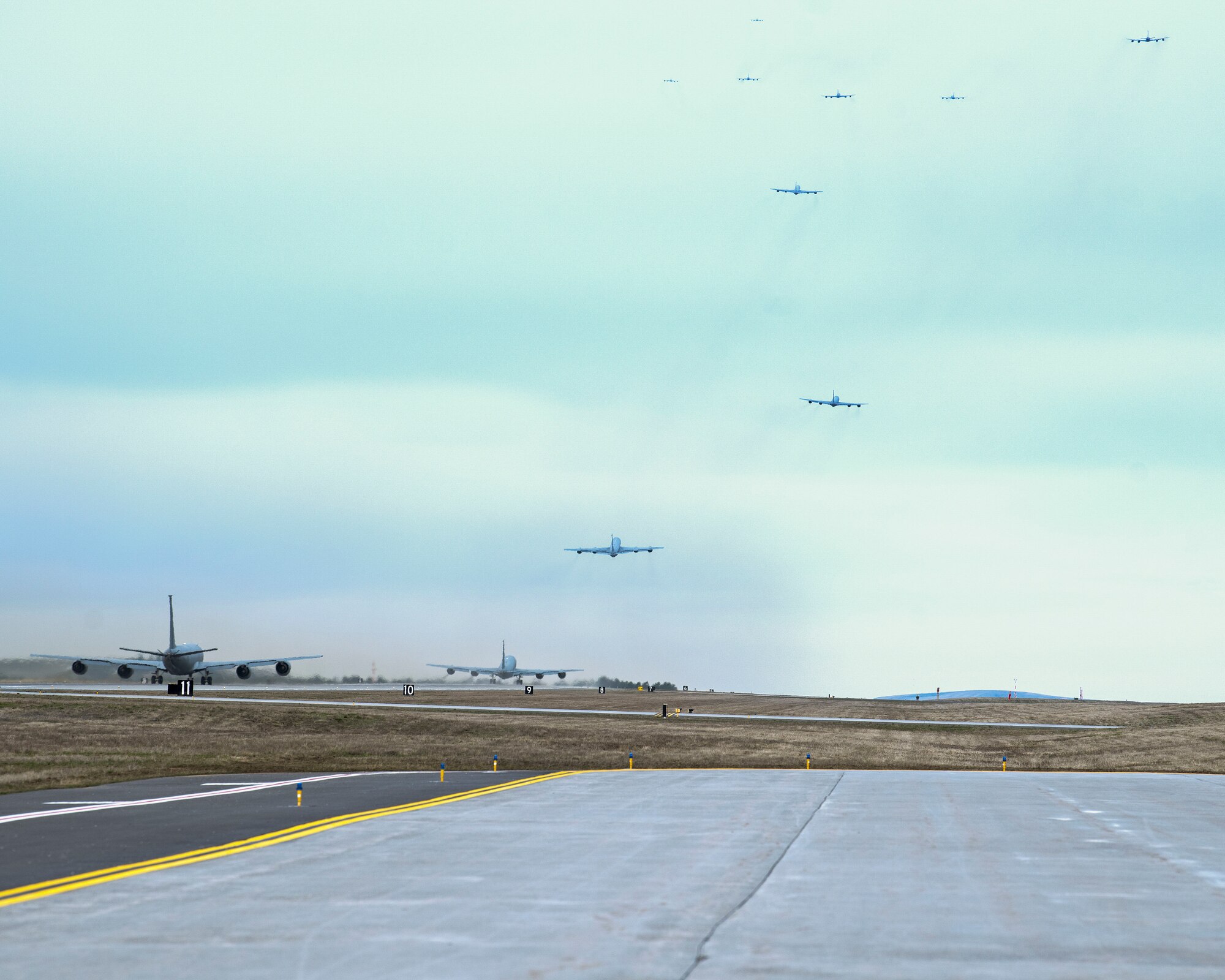 U.S. Air Force KC-135 Stratotankers assigned to Fairchild Air Force Base and MacDill AFB take off during exercise Global Thunder 23. Global Thunder allows Fairchild and other bases supporting the strategic deterrence mission to communicate and assess operational readiness in a joint environment. (U.S. Air Force photo by Airman 1st Class Lillian Patterson)