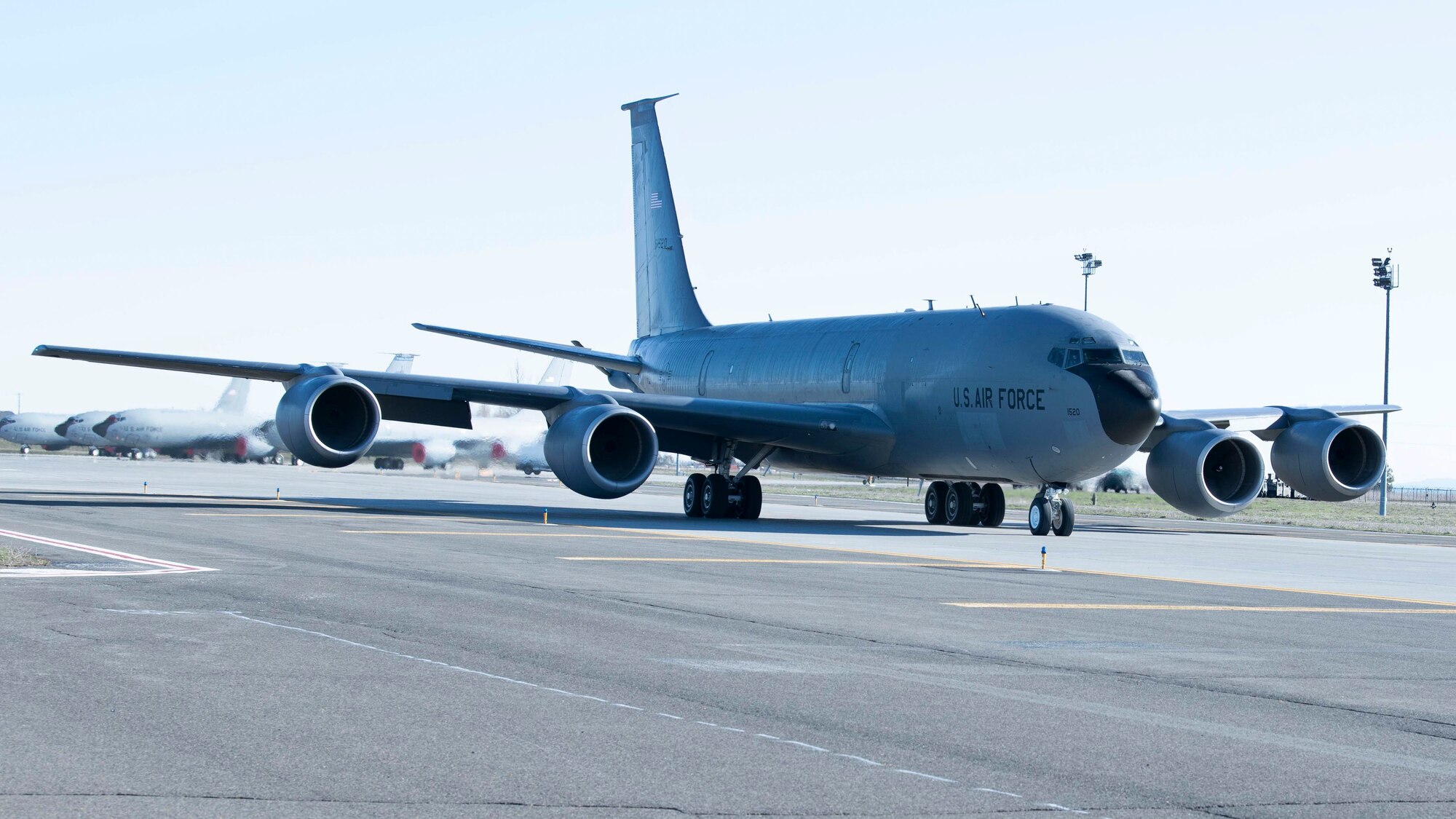 A U.S. Air Force KC -135 Stratotanker prepares for take-off at Fairchild Air Force Base, Washington, April 12, 2023. KC-135 aircraft have operated as the U.S. Air Force’s core aerial refueling plane for more than 50 years. (U.S. Air Force photo by Airman 1st Class Lillian Patterson)