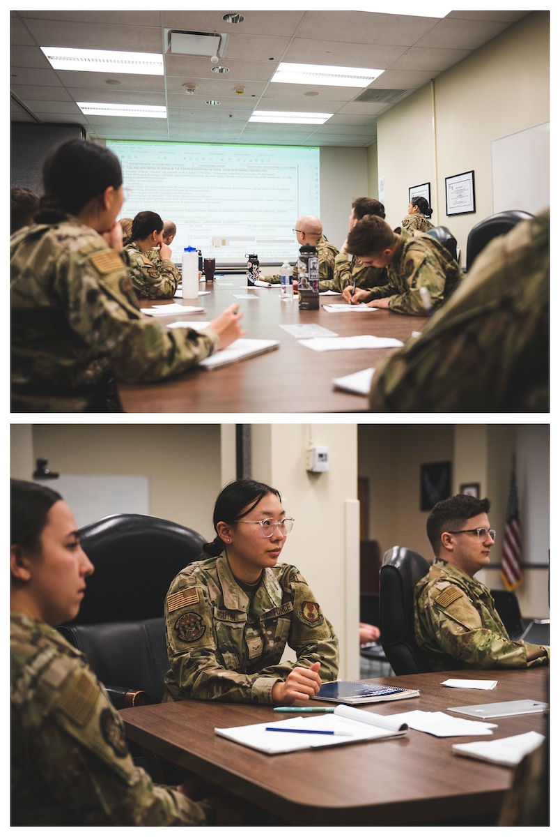 (Top) Airmen attend financial management training Jan. 5 at Wright-Patterson Air Force Base, Ohio. (Bottom) Airmen 1st Class Trang Nguyen, 88th Comptroller Squadron finance technician, attends financial management training Jan. 5 with fellow Airmen at Wright-Patterson Air Force Base, Ohio.