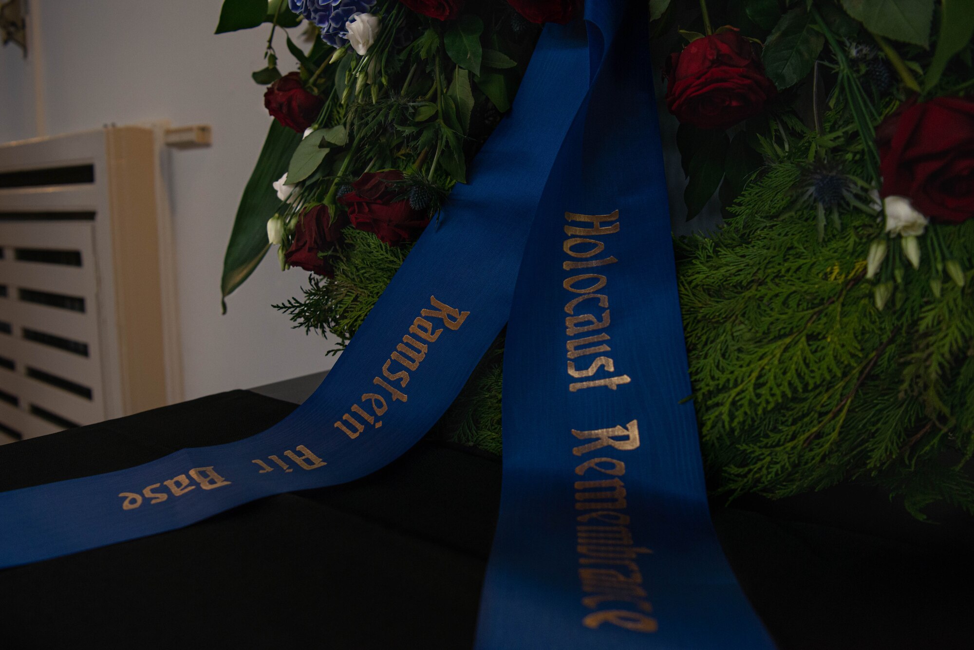 A ceremonial wreath sits on a table