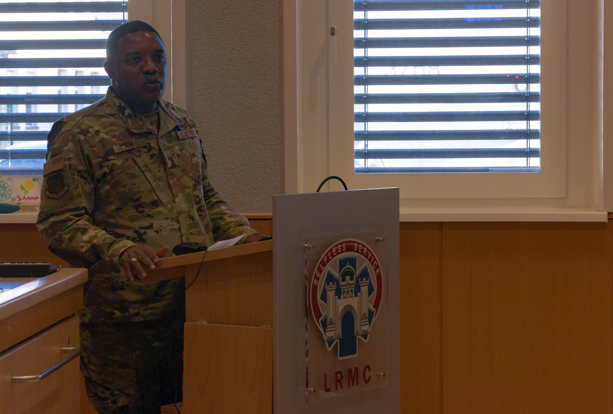 U.S. Air Force Brig. Gen. Otis C. Jones, 86th Airlift Wing commander, provides remarks during a cake cutting ceremony at Landstuhl Regional Medical Center, Germany, April 14, 2023. LRMC and the 86th Medical Squadron celebrated their 30-year partnership with the local community.