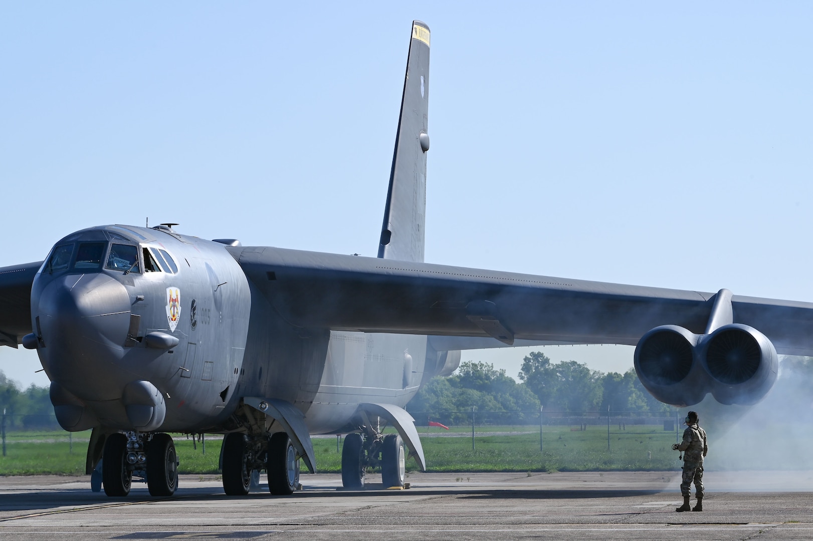 A crew chief assigned to the 2nd Maintenence Group prepares a B-52H Stratofortress for flight during Global Thunder 23 at Barksdale Air Force Base, La., April 16, 202