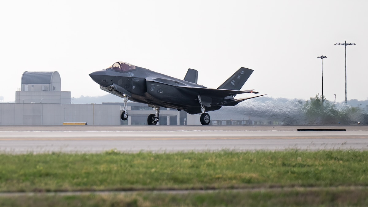 An aircraft from the U.S. Air Force F-35 Lightning II Demonstration Team arrives at the Kentucky Air National Guard Base in Louisville, Ky., April 19, 2023, in advance of the Thunder Over Louisville air show. The annual event, to be held along the banks of the Ohio River on April 22, will feature more than 20 military and civilian aircraft. (U.S. Air National Guard photo by Dale Greer)