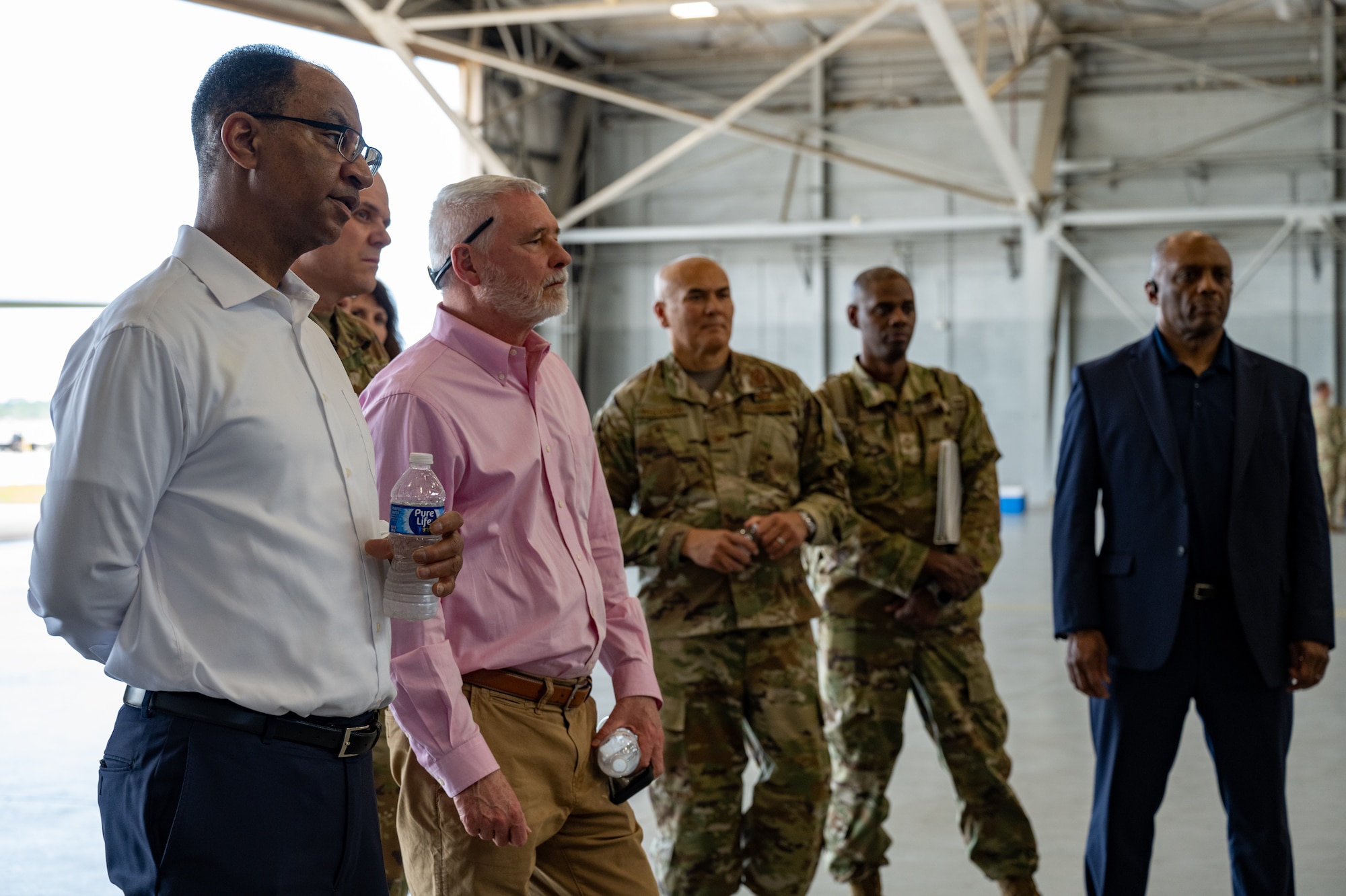 Carlos Rodgers, left, the Principal Deputy Assistant Secretary for Financial Management and Comptroller, met with base leaders and senior leaders from across the Financial Management community at Hurlburt Field, Fla., April 5, 2023. The executive session participants discussed the strategic issues and priorities impacting the financial management career field and the Department of the Air Force. (U.S. Air Force photo by Airman 1st Class Alysa Knott)