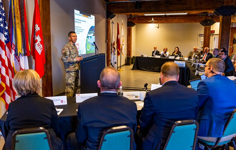 Col. Adam Czekanski, commander of the U.S. Army Corps of Engineers Pittsburgh District, gives opening remarks for the Inland Waterways Users Board meeting hosted in Pittsburgh April 13, 2023.

The U.S. Army Corps of Engineers Pittsburgh District hosted the tour and several briefings about ongoing and future inland navigation construction projects within the district.

During the tour, Inland Waterways User Board (IWUB) members learned about the overall Lower Monongahela River navigation project and the new river chamber construction at Charleroi, which is in its final phase after nearly 20 years of construction. Members also listened to briefings about the overall Upper Ohio navigation project and its first major construction contract, the new Montgomery lock construction. 

IWUB is an industry federal-advisory committee representing all fuel-taxed inland waterway systems within the United States. The navigation industry contributes to the Inland Waterways Trust Fund through fuel taxes paid by carriers who transport bulk commodities on the inland waterway system. The board makes recommendations to Congress and the Assistant Secretary of the Army for Civil Works on how best to invest federal and trust funds dollars to keep the most cost-effective, environmentally friendly, and safest form of transportation for bulk commodities resilient and reliable.
(U.S. Army Corps of Engineers Pittsburgh District photo by Michel Sauret)