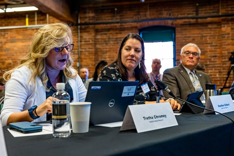 Tretha Chromey, a federal observer with the U.S. Maritime Administration, gives her opening remarks during the Inland Waterways Users Board meeting in Pittsburgh, April 13, 2023.

The U.S. Army Corps of Engineers Pittsburgh District hosted the tour and several briefings about ongoing and future inland navigation construction projects within the district.

During the tour, Inland Waterways User Board (IWUB) members learned about the overall Lower Monongahela River navigation project and the new river chamber construction at Charleroi, which is in its final phase after nearly 20 years of construction. Members also listened to briefings about the overall Upper Ohio navigation project and its first major construction contract, the new Montgomery lock construction. 

IWUB is an industry federal-advisory committee representing all fuel-taxed inland waterway systems within the United States. The navigation industry contributes to the Inland Waterways Trust Fund through fuel taxes paid by carriers who transport bulk commodities on the inland waterway system. The board makes recommendations to Congress and the Assistant Secretary of the Army for Civil Works on how best to invest federal and trust funds dollars to keep the most cost-effective, environmentally friendly, and safest form of transportation for bulk commodities resilient and reliable.
(U.S. Army Corps of Engineers Pittsburgh District photo by Michel Sauret)