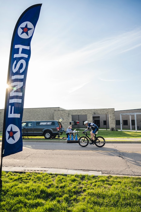 A cyclist finishes the race April 11 during the Blue Streak Time Trial at Wright-Patterson Air Force Base, Ohio.
