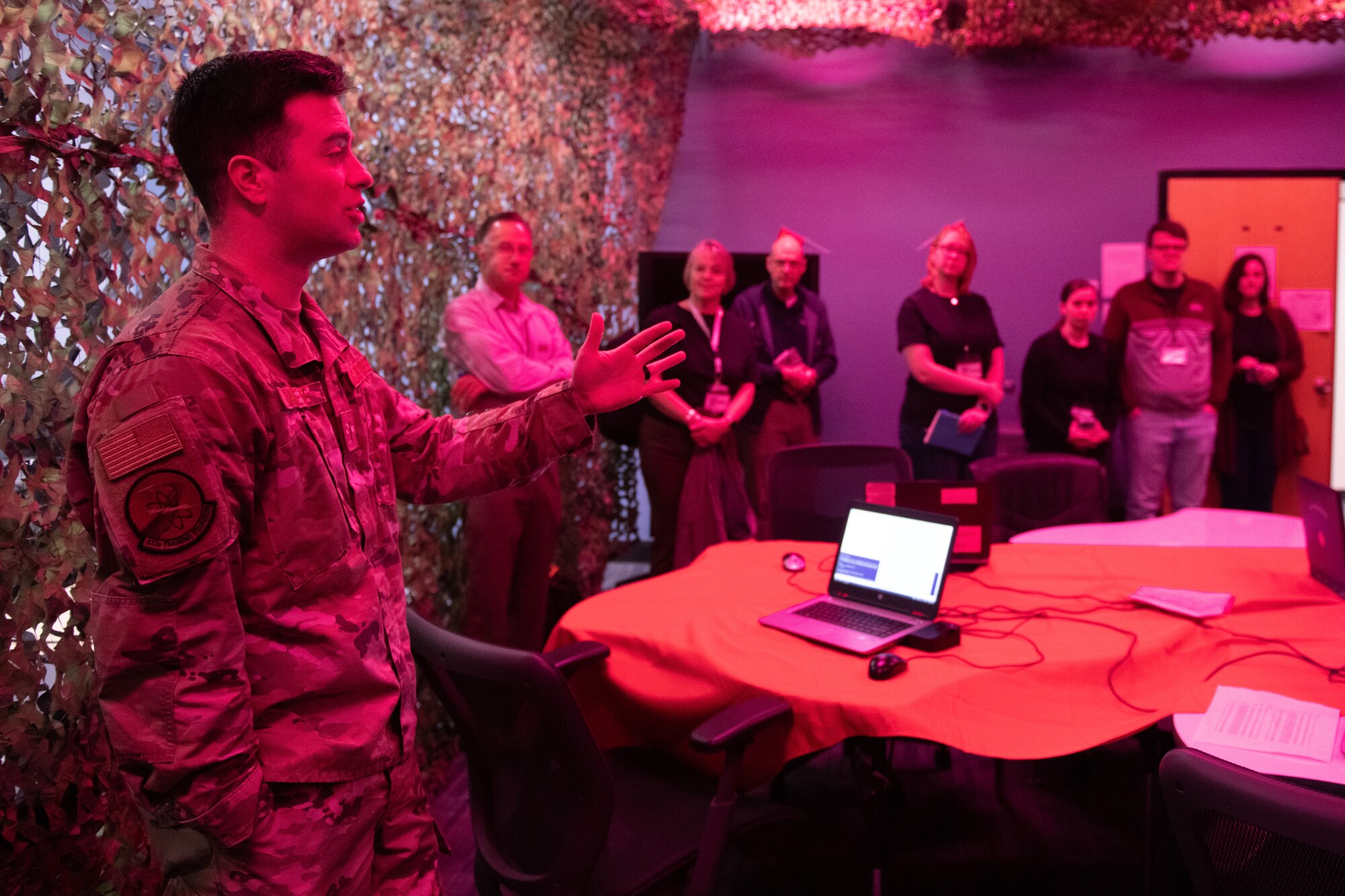 U.S. Air Force 2nd Lt. Christian Barrette, 333rd Training Squadron instructor, leads an escape room demonstration at the 333rd TRS for Mississippi State University students visiting Keesler Air Force Base, Mississippi, March 16, 2023.