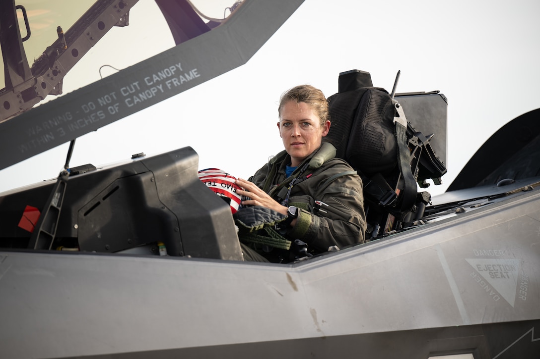 Maj. Kristin Wolfe, a pilot with the U.S. Air Force F-35 Lightning II Demonstration Team, arrives at the Kentucky Air National Guard Base in Louisville, Ky., April 19, 2023, in advance of the Thunder Over Louisville air show. The annual event, to be held along the banks of the Ohio River on April 22, will feature more than 20 military and civilian aircraft. (U.S. Air National Guard photo by Dale Greer)